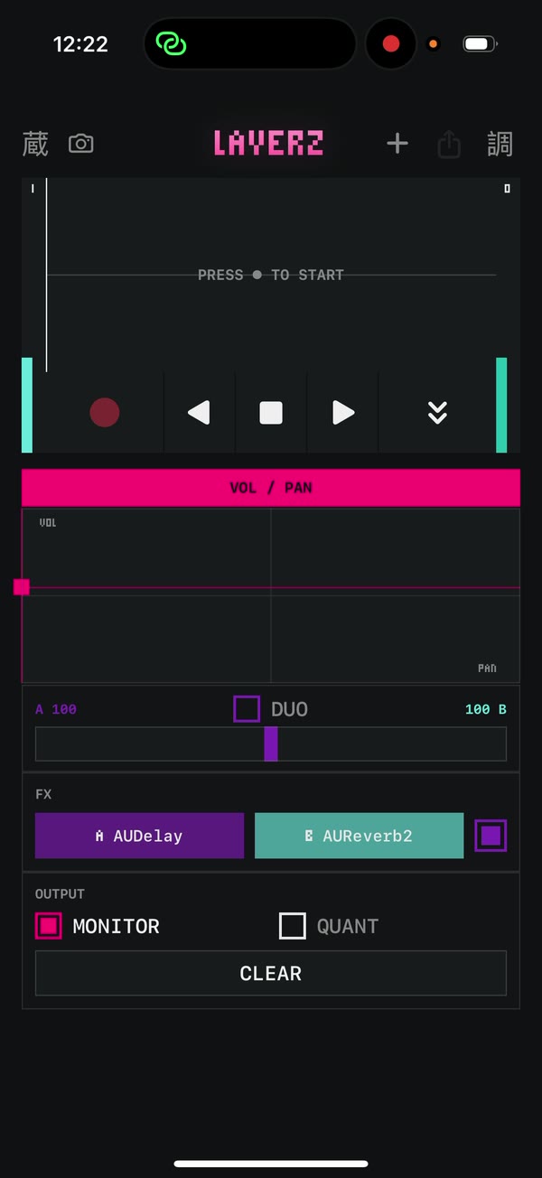 Layerz on an iPhone: a transport, a volume and pan lane, and two effects in the FX row.
