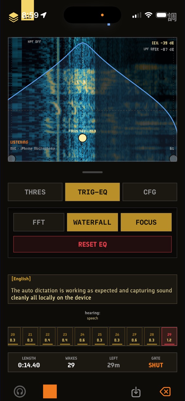 Wake on an iPhone: a trigger curve drawn over a waterfall of sound, a transcript below it and a count of 29 wakes.